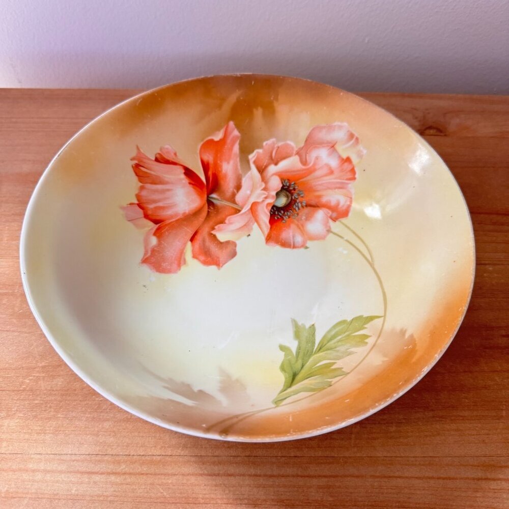 Vintage 9” Bowl JHR Germany Poppy Flower Light Green Orange Pink